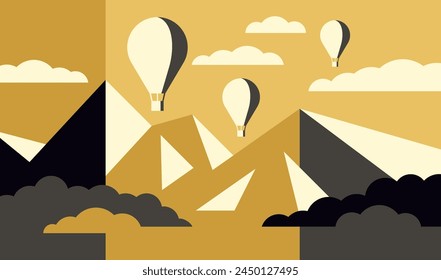 Beautiful abstract landscape in simple cartoon style using gold or sand yellow colors Hot air balloons in cloudy sky flying over mountains 