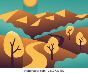 Beautiful abstract landscape in simple geometric gradient style. Rural outdoor scene with mountains, hills, trees and sunny sky