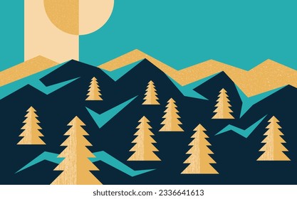 Beautiful abstract landscape in simple geometric style. Scene with mountains and coniferous trees