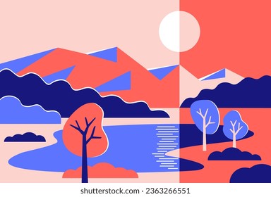 Hermoso paisaje abstracto de estilo geométrico sencillo. Escena rural al aire libre con montañas, lagos, árboles y cielo soleado