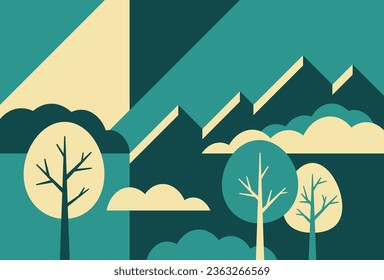 Hermoso paisaje abstracto de estilo geométrico sencillo. Escena al aire libre con montañas, colinas, árboles