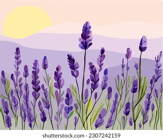 Hermosas flores de lavanda abstractas en flor, pintura de tinte acuarela, vector EPS 10 ilustración