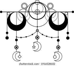 Beautiful abstract line drawing for tattoo or print. Month, crescent, moon, signs and symbols of the occult. Magic, signs, geometric shapes and lines.