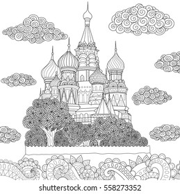 Beautiful abstract Moscow cathedral on island and floral wavy ocean for coloring book pages. Stock Vector