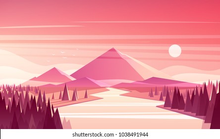 Beautiful abstract mountain landscape with a fir forest and a river at the sunset, vector illustration