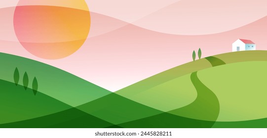 Beautiful abstract mountain landscape, panoramic view illustration. Summer, nature, travel concept design with copy space. Vector illustration