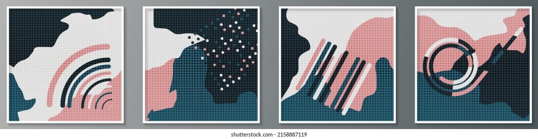 Beautiful abstract mural. Groups of multi-colored geometric objects on a spotted background. Composition of four images in white thin frames. Canvas styling. Vector.