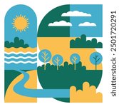 Beautiful abstract natural landscape pattern with outdoor scene. Outdoor scene in simple geometric style