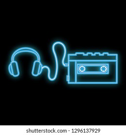 A beautiful abstract neon bright glowing icon, a signboard from an old retro cassette player with headphones from the 70s, 80s, 90s and copy space on a black background. Vector illustration.