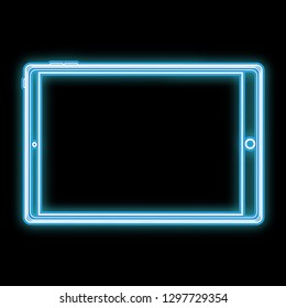 A beautiful abstract neon bright glowing icon, a signboard from a modern smart tablet with a touch screen and copy space on a black background. Vector.