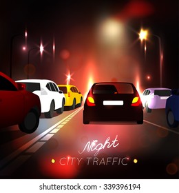 Beautiful abstract  night city traffic background. Vector illustration with automobile silhouettes in violet and purple tones. Busy life concept.