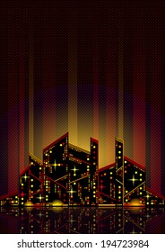 Beautiful abstract night city with twinkles and glow and with reflection in water