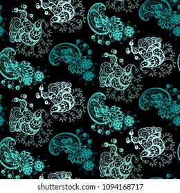 Beautiful abstract ornament seamless pattern  with different elements made in vector in blue colors on the black background