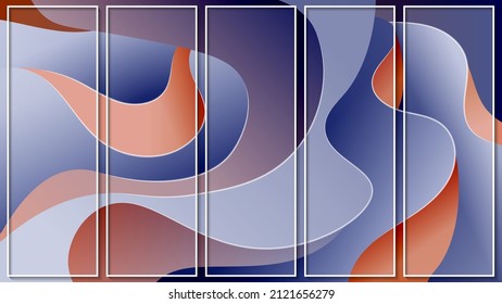 Schöne abstrakte Tafel mit fünf Bildern in dünnen weißen Rahmen. Überschneidende, gewölbte Formen in graublauem und orangefarbenem Stil, Highlights und Schatten. Vektorgrafik. 