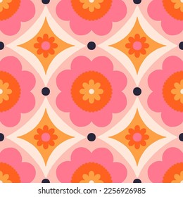 Beautiful abstract pattern with floral tiles. Vector seamless texture with symmetrical design. Background in retro bold style