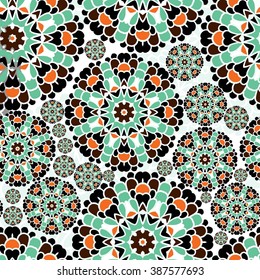 Beautiful abstract pattern. Lace. Seamless pattern. Flowers. Bright buds, leaves, flowers. Flowers for greeting cards, posters, flyers. Flower shop. Flower circular background. Stylized flowers. 
