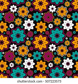 Beautiful abstract pattern. Lace. Seamless pattern. Flowers. Bright buds, leaves, flowers. Flowers for greeting cards, posters, flyers. Flower shop. Flower circular background. Stylized flowers.