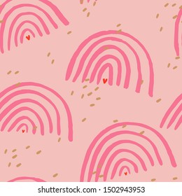 Beautiful abstract pattern with Rainbows and Hearts. Seamless vector texture with ink hand drawn Rainbows and brush strokes. Cute and simple background.