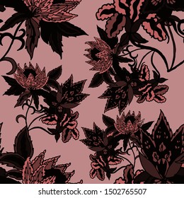 Beautiful abstract pattern with tropical flowers for any purposes. Abstract art background. Exotic flowers background. Colorful background vector.  Tropical seamless hand drawn pattern