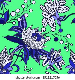 Beautiful abstract pattern with tropical flowers for any purposes. Abstract art background. Exotic flowers background. Colorful background vector.  Tropical seamless hand drawn pattern