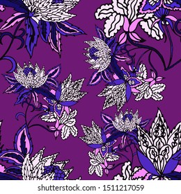Beautiful abstract pattern with tropical flowers for any purposes. Abstract art background. Exotic flowers background. Colorful background vector.  Tropical seamless hand drawn pattern