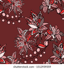 Beautiful abstract pattern with tropical flowers for any purposes. Abstract art background. Exotic flowers background. Colorful background vector.  Tropical seamless hand drawn pattern