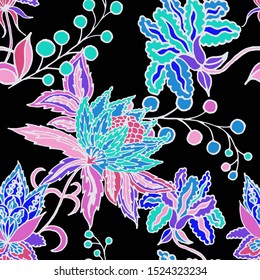 Beautiful abstract pattern with tropical flowers for any purposes. Abstract art background. Exotic flowers background. Colorful background vector.  Tropical seamless hand drawn pattern