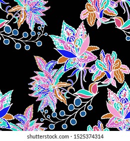 Beautiful abstract pattern with tropical flowers for any purposes. Abstract art background. Exotic flowers background. Colorful background vector.  Tropical seamless hand drawn pattern