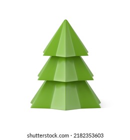 Beautiful abstract polygonal shape decorative green Christmas tree realistic 3d template vector illustration. Cute small souvenir Xmas spruce angled design traditional winter holiday symbol isolated