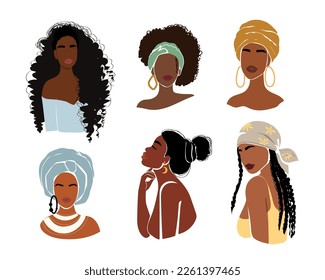 Beautiful abstract portrait of black women. Modern set in flat lay style. Female portrait. Design  for banner, poster, flyer, t-shirt print