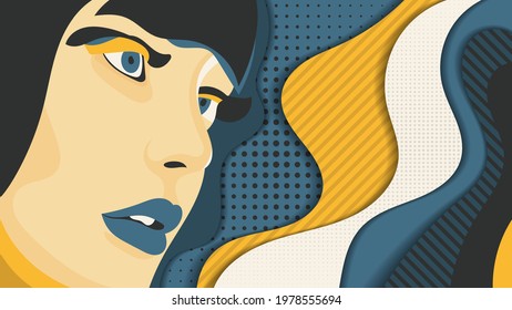 beautiful abstract portrait of a girl. overlapping yellow-azure textured flowing shapes and a woman's face with makeup. author's work. vector