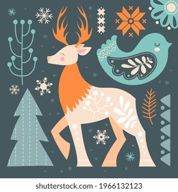 Beautiful abstract postcard with wild deer in scandinavian style. Geometric elements and proud deer. Concept of forest animals and wildlife. Flat cartoon vector illustration