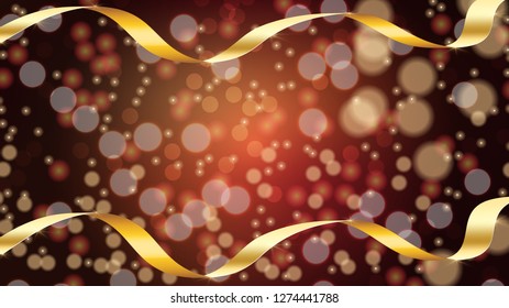 Beautiful abstract purple glowing shiny text with a golden festive ribbon on a pink blurred background with bokeh effect and copy space. Vector illustration.