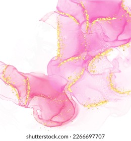 Beautiful Abstract rose blush liquid watercolor background with golden lines, dots and stains. Pastel marble alcohol ink drawing effect. Vector illustration.