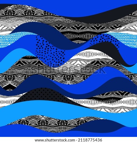 Beautiful abstract sea waves in blue, black and white colors. Seamless vector design with hand drawn ornaments.