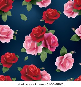 Beautiful abstract seamless floral pattern with of red and pink roses. Vector background.