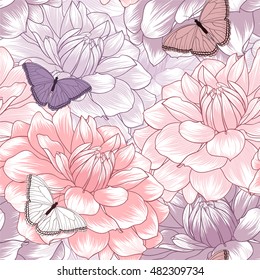 Hermoso patrón floral abstracto sin fisuras dibujado a mano con dahlias flores y mariposas. Ilustración vectorial. Elemento para el diseño.