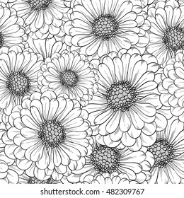 Beautiful abstract seamless hand drawn floral pattern with zinnia flowers. Vector illustration. Element for design.