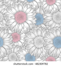 Beautiful abstract seamless hand drawn floral pattern with gerbera flowers. Vector illustration. Element for design.