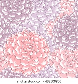 Beautiful abstract seamless hand drawn floral pattern with dahlias flowers. Vector illustration. Element for design.