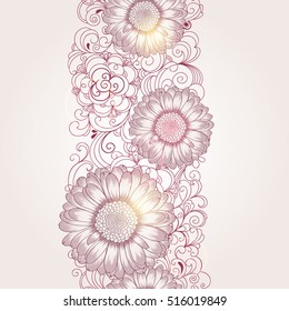 Beautiful abstract seamless hand drawn floral pattern with gerbera flowers. Vector illustration. Element for design.