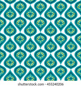 Beautiful abstract seamless pattern. Bright, juicy ornament for fashion textile, cloth, texture. Vector ornament. Kaleidoscope big bud. Islam, Arabic, Indian, ottoman motifs. Retro print. Vintage. 
