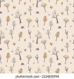 Beautiful abstract seamless pattern with green seamless forest trees on colorful background. Green natural background.