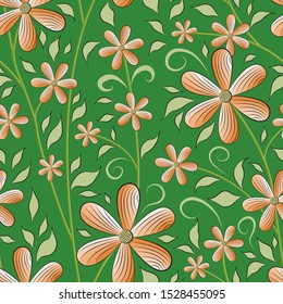 Beautiful abstract seamless pattern of large and small orange flowers, green-beige leaves and stems, green background. Great for decorating fabrics, gift wrapping, printed materials,  or other design.