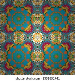 Beautiful abstract seamless pattern. Stylized vector ornament. Kaleidoscope geometric style in yellow, blue and orange colors. Texture with flowers for use in textile design or wrapping paper.