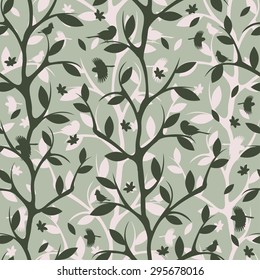 Beautiful abstract seamless pattern with trees and birds. Vector illustration.