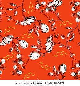 Beautiful abstract seamless template or pattern on red flower skin style background. Modern vintage texture. Botanical illustration. Vector decoration art.