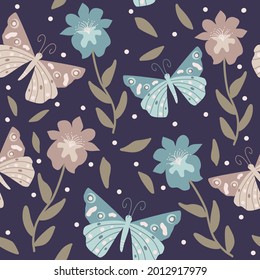 Hermosa ilustración abstracta de fondo vectorial sin fisuras con mariposas y flores de dibujos animados 