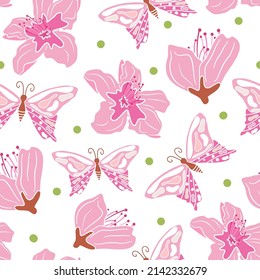 Beautiful Abstract Seamless Vector Pattern Background Illustration With Cartoon Butterflies And Peach Tree Pink Flowers