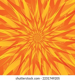 Beautiful abstract square pattern, illustration of an unusual flower with numerous gradient sharp orange-yellow petals that are layered on top of each other. Spiral effect. 